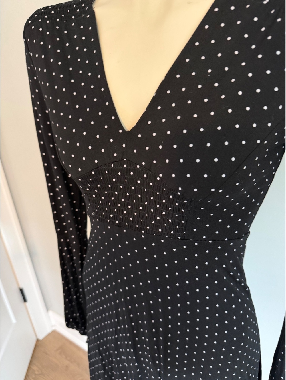 Venus Black Polka Dot Long Sleeve Dress with Flared Sleeves, Size XS - Picture 6 of 11